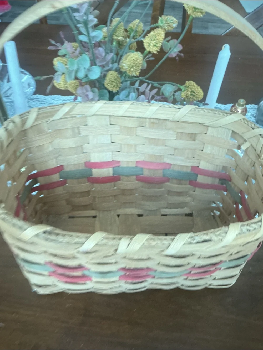 Vintage Woven Splint Market Gathering Basket Dyed Red Green Band Farmhouse Decor